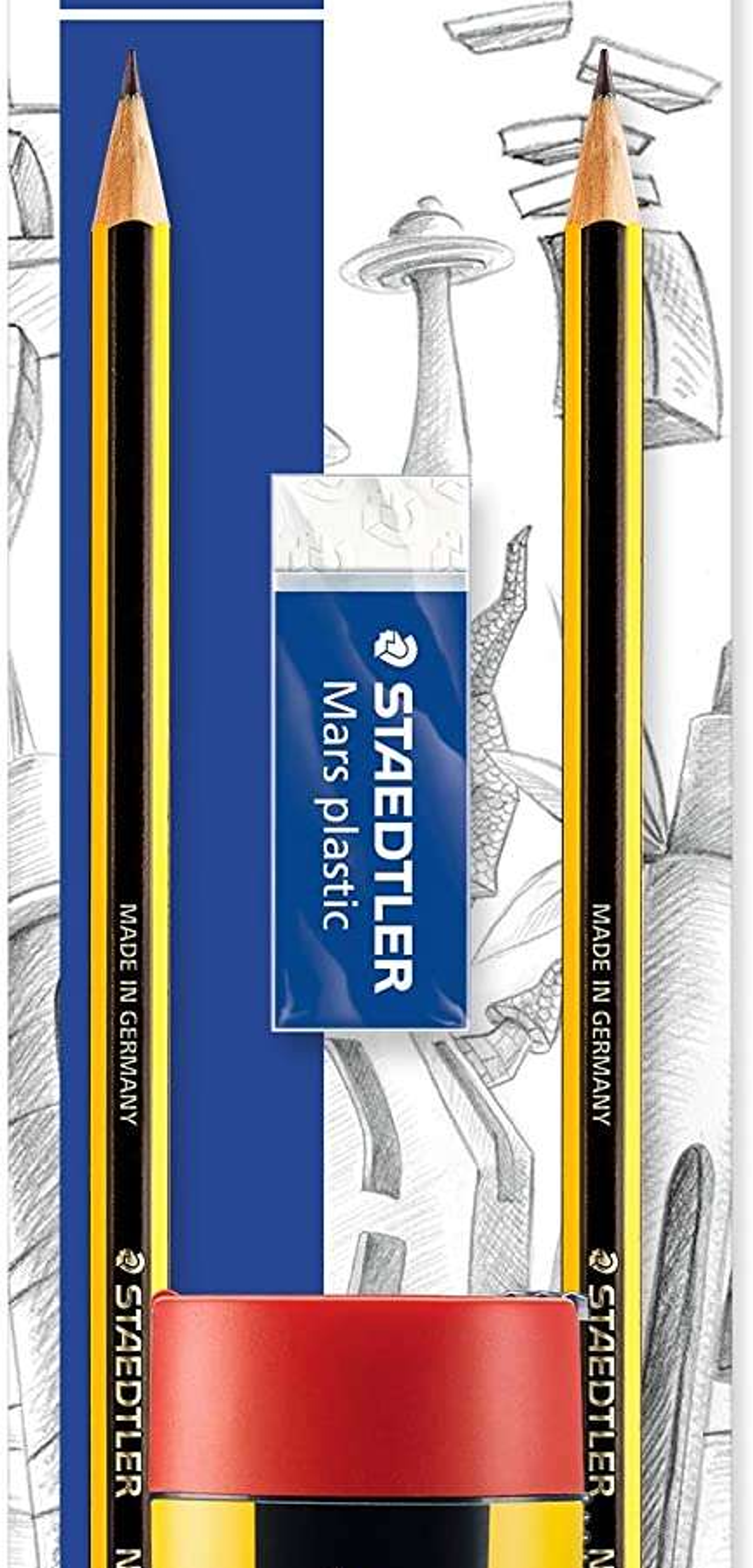 Staedtler 120 Pack de 2 Lapices de Grafito 2HB Hexagonales + 1 Sacapuntas con Deposito + 1 Goma de Borrar Mars Plastic - Madera de Bosques Sostenibles 1