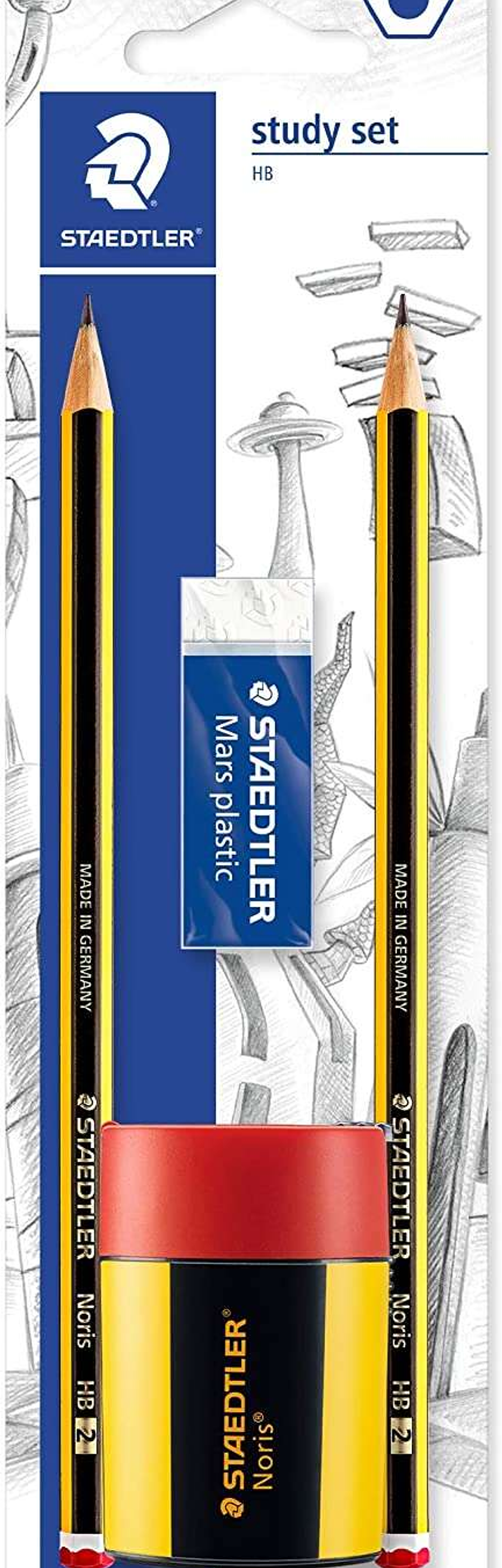 Staedtler 120 Pack de 2 Lapices de Grafito 2HB Hexagonales + 1 Sacapuntas con Deposito + 1 Goma de Borrar Mars Plastic - Madera de Bosques Sostenibles 1