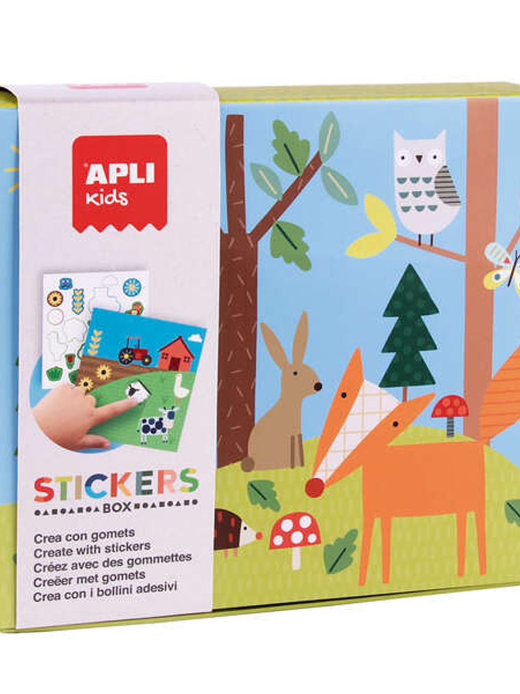 Apli Juego de Gomets Bosque - 8 Laminas Ilustradas de 200G - Gomets Removibles Geometricos en Distintos Colores - Libro Guia con Ejemplos en Color - A 1