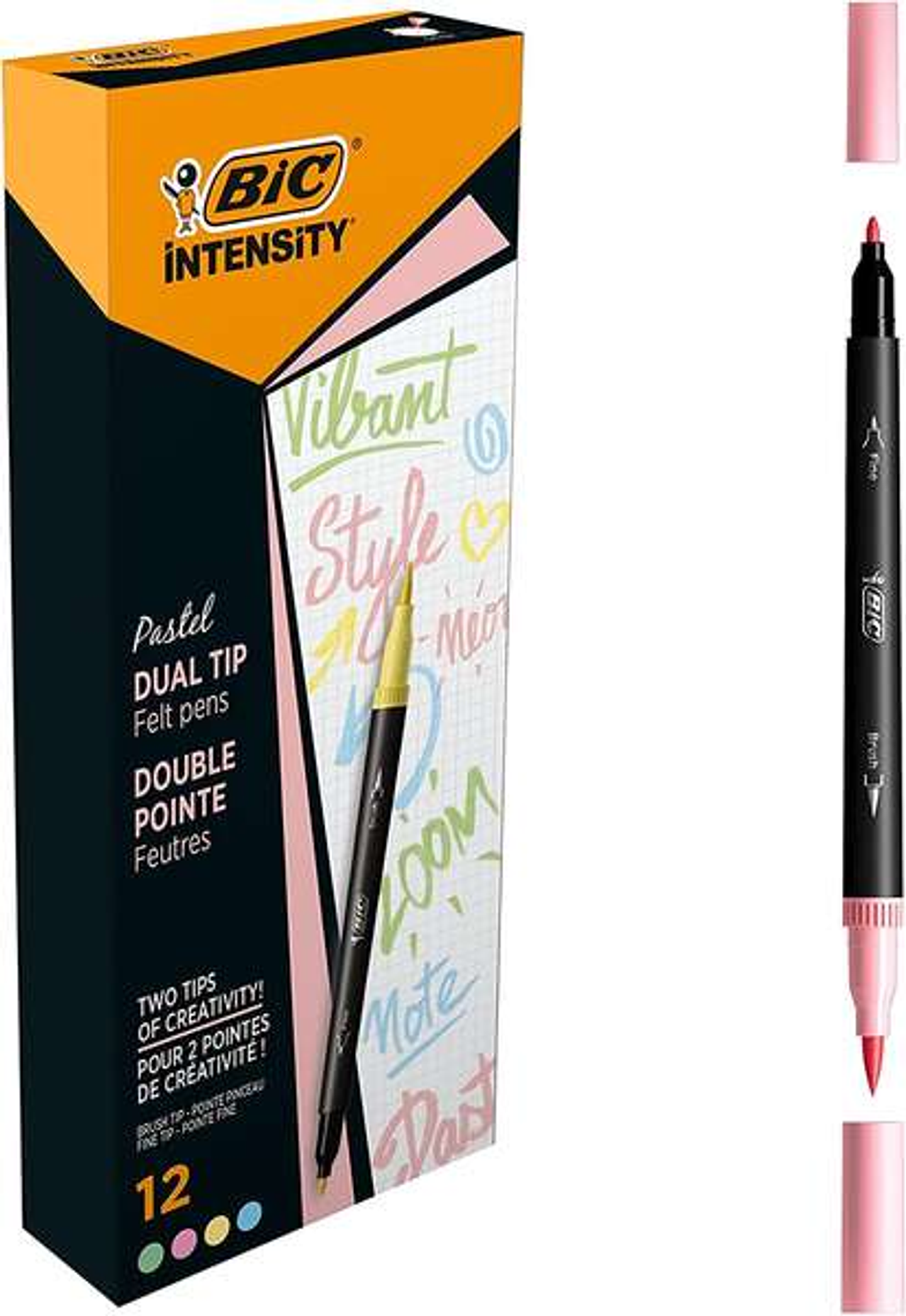 Bic Intensity Dual Tip Pastel Rotulador Doble Punta - Punta de Pincel + Punta Fina - Tinta con Base de Agua - Colores Pastel Surtidos 1