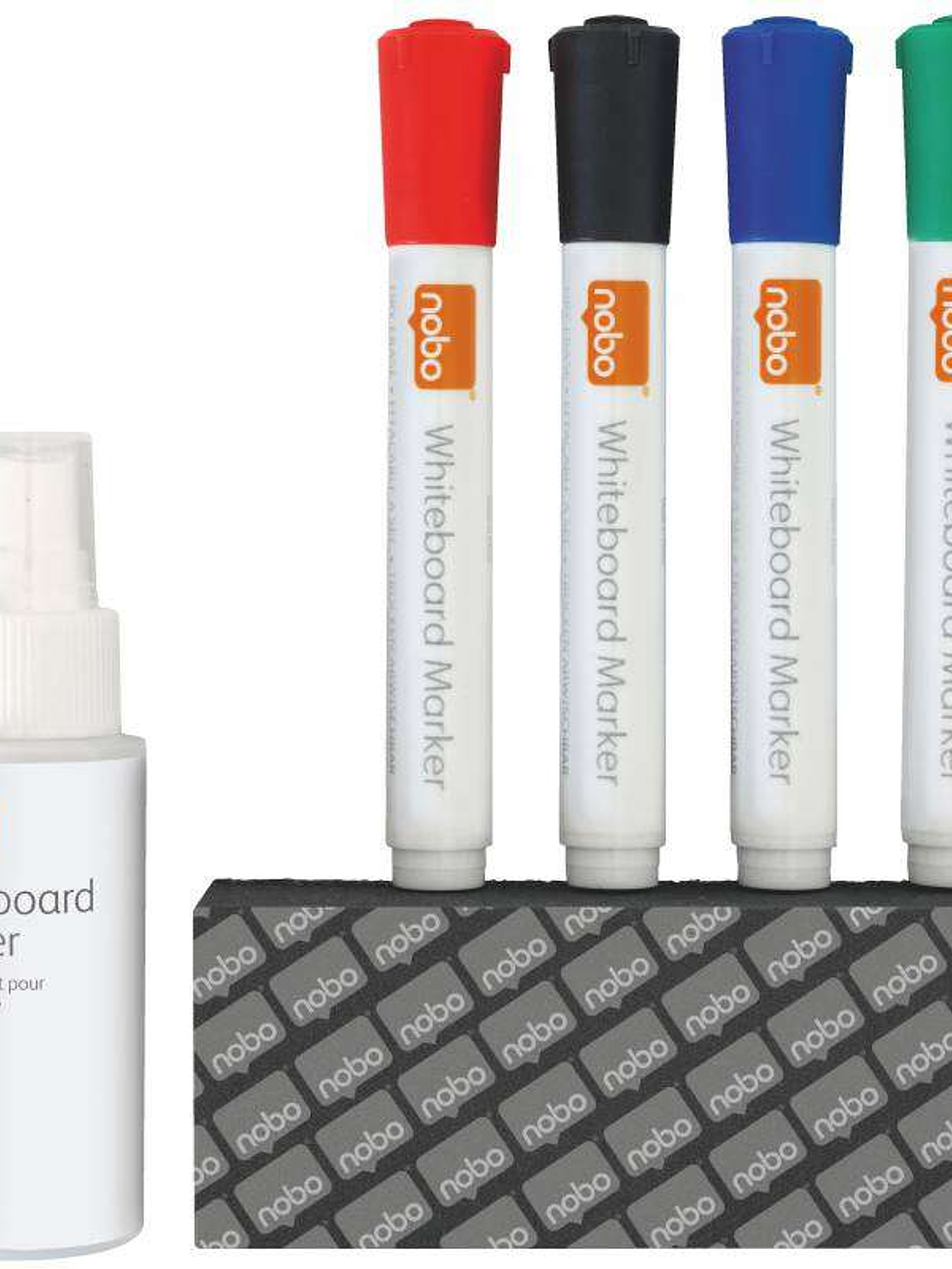 Nobo Kit Basico Accesorios Pizarra Blanca Borrado Seco - 4 Rotuladores Pizarra - Borrador Pizarra - Spray Limpiador 50Ml - Negro, Azul, Rojo, Verde -  1