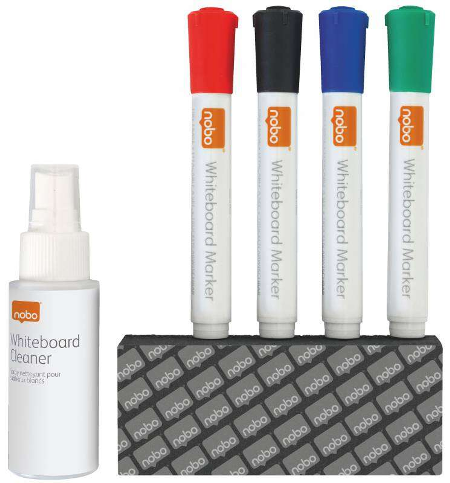 Nobo Kit Basico Accesorios Pizarra Blanca Borrado Seco - 4 Rotuladores Pizarra - Borrador Pizarra - Spray Limpiador 50Ml - Negro, Azul, Rojo, Verde -  1