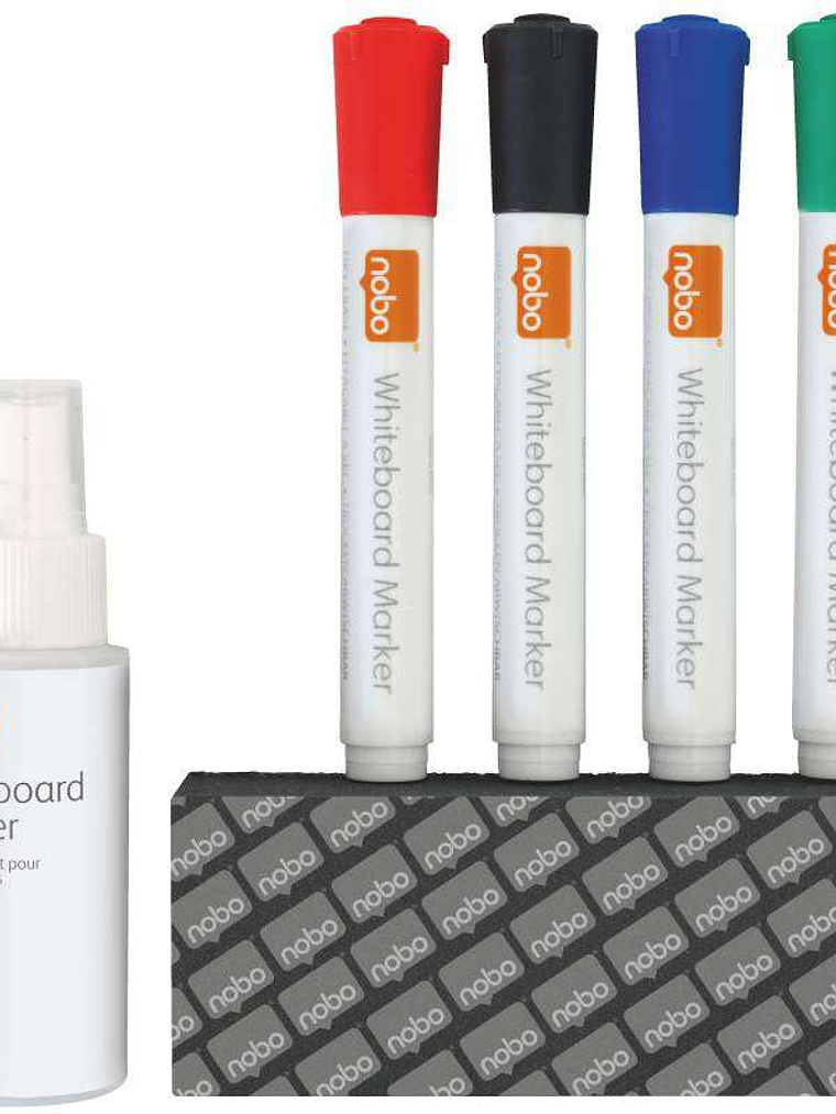 Nobo Kit Basico Accesorios Pizarra Blanca Borrado Seco - 4 Rotuladores Pizarra - Borrador Pizarra - Spray Limpiador 50Ml - Negro, Azul, Rojo, Verde -  1