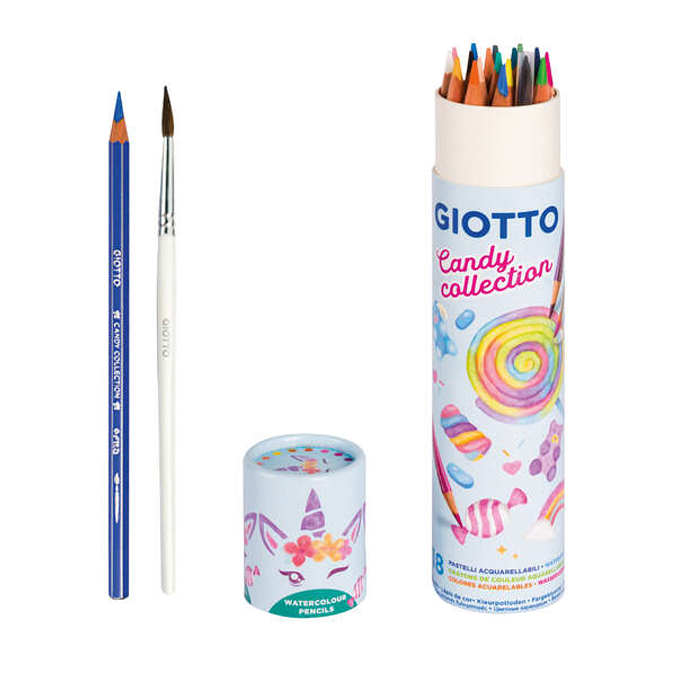 Giotto Candy Collection Acquarell Bote de 18 Lapices de Colores Acuarelables Hexagonales + Pincel - Colores Surtidos 1