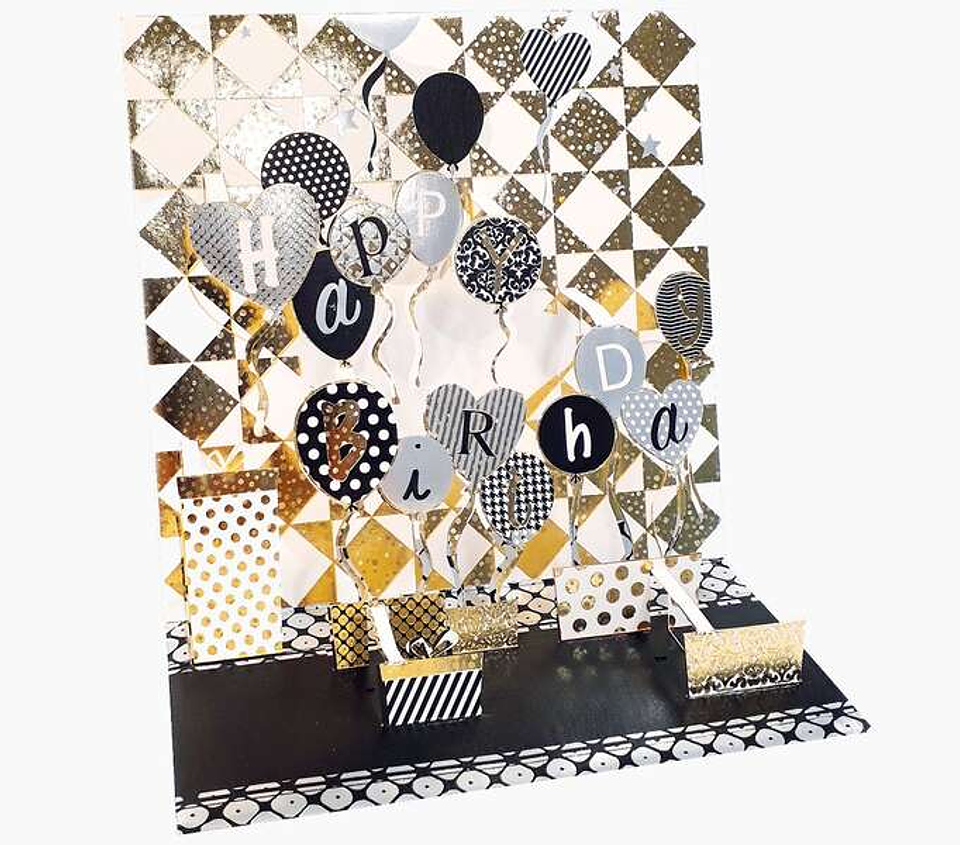 Pictura Tarjeta 3D Pop-Up - 16x16cm - Tematica Globos de Cumpleaños - Embolsada Individualmente - Incluye Sobre Blanco - Papel con Certificacion FSC 1