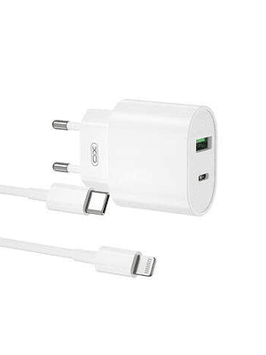 XO L81ATC Cargador de Corriente Tipo C y USB QC 3.0 20W + Cable Lightning - Carga Rapida - Salida con Proteccion Inteligente - Color Blanco