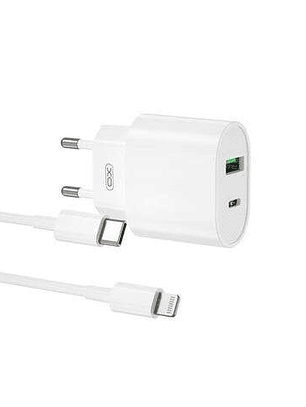 XO L81ATC Cargador de Corriente Tipo C y USB QC 3.0 20W + Cable Lightning - Carga Rapida - Salida con Proteccion Inteligente - Color Blanco