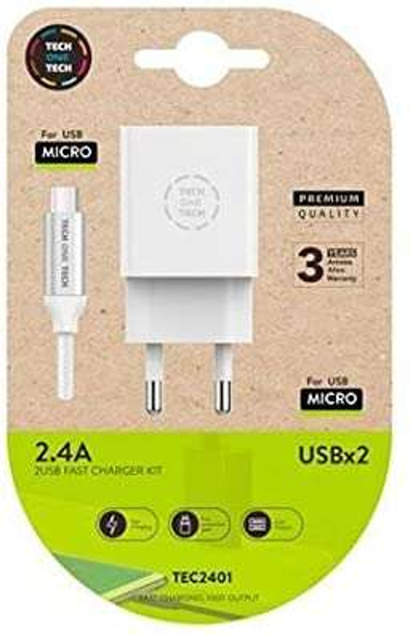TechOneTech Cargador Doble de Pared + Cable USB-A a Micro-USB 2.4 1m - Recubierto de Nylon Trenzado 1