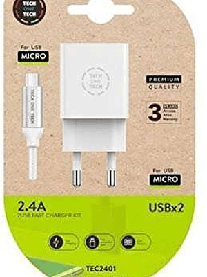 TechOneTech Cargador Doble de Pared + Cable USB-A a Micro-USB 2.4 1m - Recubierto de Nylon Trenzado