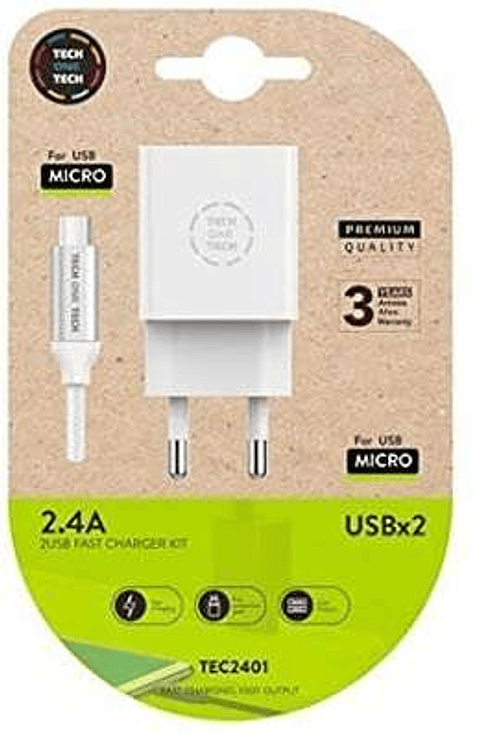 TechOneTech Cargador Doble de Pared + Cable USB-A a Micro-USB 2.4 1m - Recubierto de Nylon Trenzado