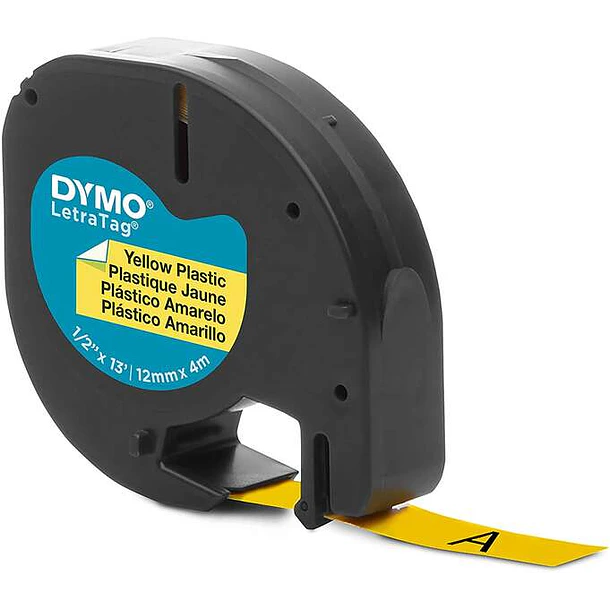 Dymo LetraTag S0721620 Cinta de Etiquetas Original para Rotuladora - Texto negro sobre fondo amarillo - Ancho 12mm x 4 metros (91202)