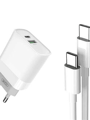 XO L64 Pack Cargador de Corriente 1x USB-A, 1x USB-C 18W Carga Rapida 3.0 + Cable USB-C a USB-C 1m