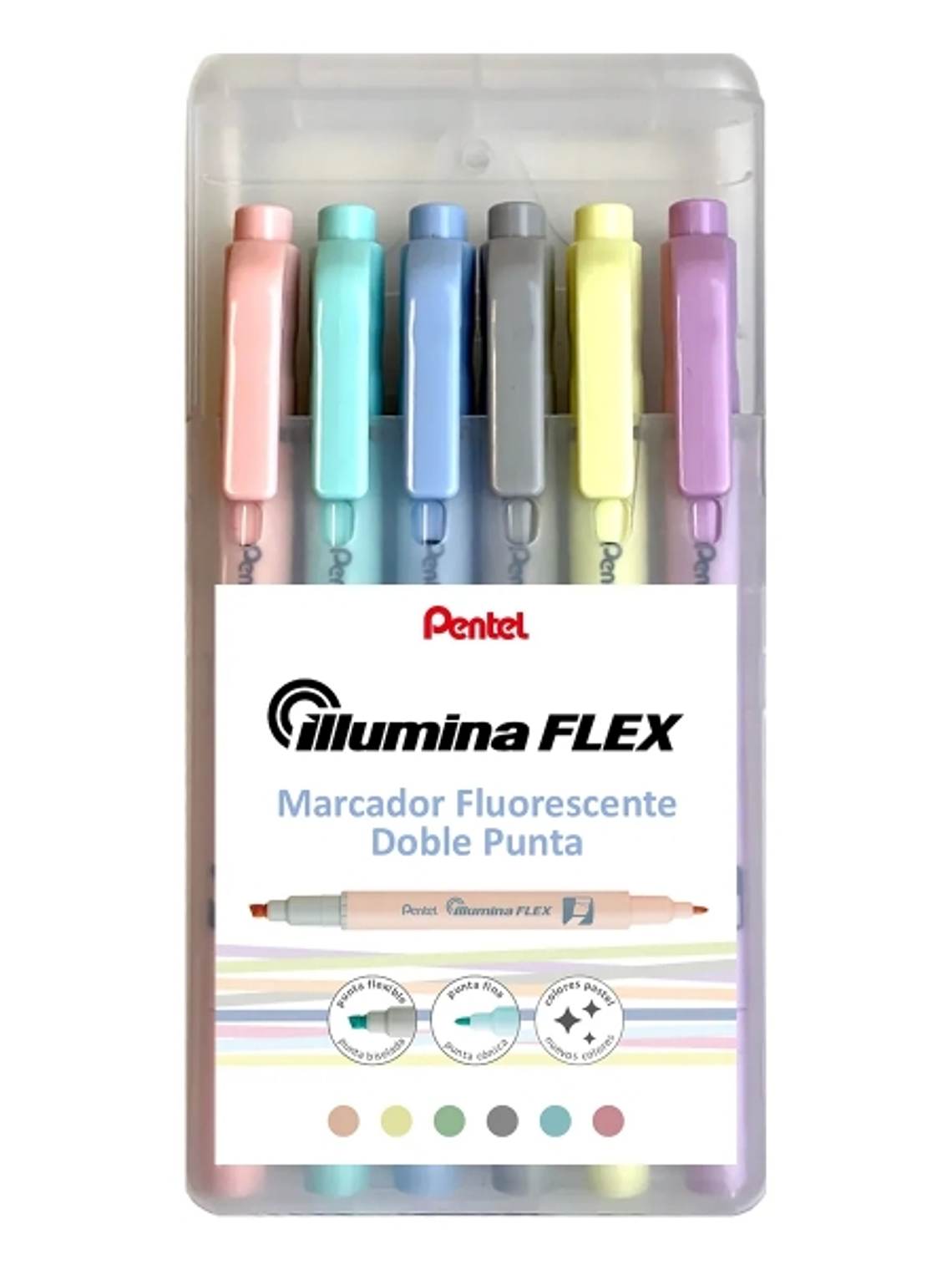 Pentel Illumina Flex Pack de 6 Marcadores Fluorescentes Doble Punta - Biselada Trazo entre 1.5 a 3.5mm - Conica Trazo 1mm - Colores  Amarillo, Gris, M 1