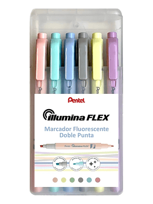 Pentel Illumina Flex Pack de 6 Marcadores Fluorescentes Doble Punta - Biselada Trazo entre 1.5 a 3.5mm - Conica Trazo 1mm - Colores  Amarillo, Gris, M