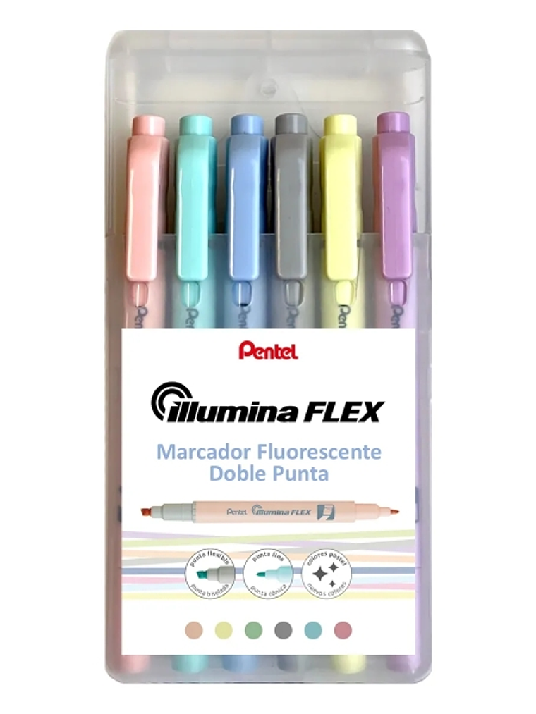Pentel Illumina Flex Pack de 6 Marcadores Fluorescentes Doble Punta - Biselada Trazo entre 1.5 a 3.5mm - Conica Trazo 1mm - Colores  Amarillo, Gris, M 1