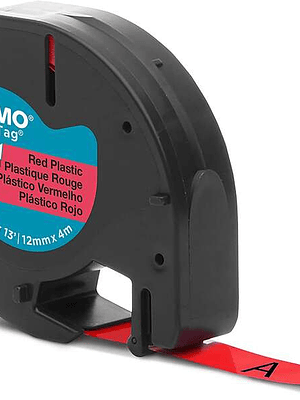 Dymo LetraTag S0721630 Cinta de Etiquetas Original para Rotuladora - Texto negro sobre fondo rojo - Ancho 12mm x 4 metros (91203)