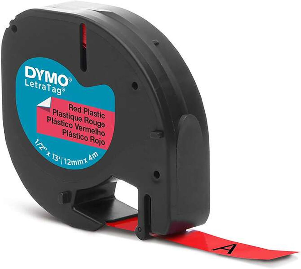 Dymo LetraTag S0721630 Cinta de Etiquetas Original para Rotuladora - Texto negro sobre fondo rojo - Ancho 12mm x 4 metros (91203) 1