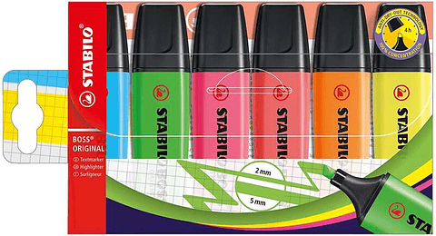Stabilo Boss 70 Pack de 6 Marcadores Fluorescentes - Trazo entre 2 y 5mm - Recargable - Tinta con Base de Agua - Colores Surtidos