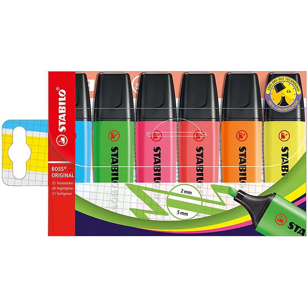Stabilo Boss 70 Pack de 6 Marcadores Fluorescentes - Trazo entre 2 y 5mm - Recargable - Tinta con Base de Agua - Colores Surtidos