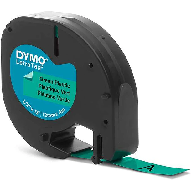 Dymo LetraTag S0721640 Cinta de Etiquetas Original para Rotuladora - Texto negro sobre fondo verde - Ancho 12mm x 4 metros (91204)