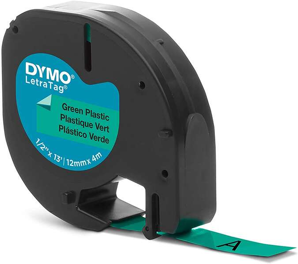 Dymo LetraTag S0721640 Cinta de Etiquetas Original para Rotuladora - Texto negro sobre fondo verde - Ancho 12mm x 4 metros (91204) 1