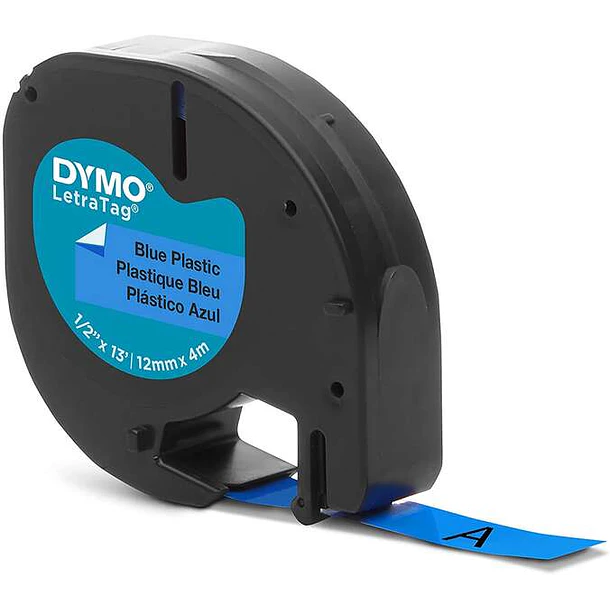 Dymo LetraTag S0721650 Cinta de Etiquetas Original para Rotuladora - Texto negro sobre fondo azul - Ancho 12mm x 4 metros (91205)