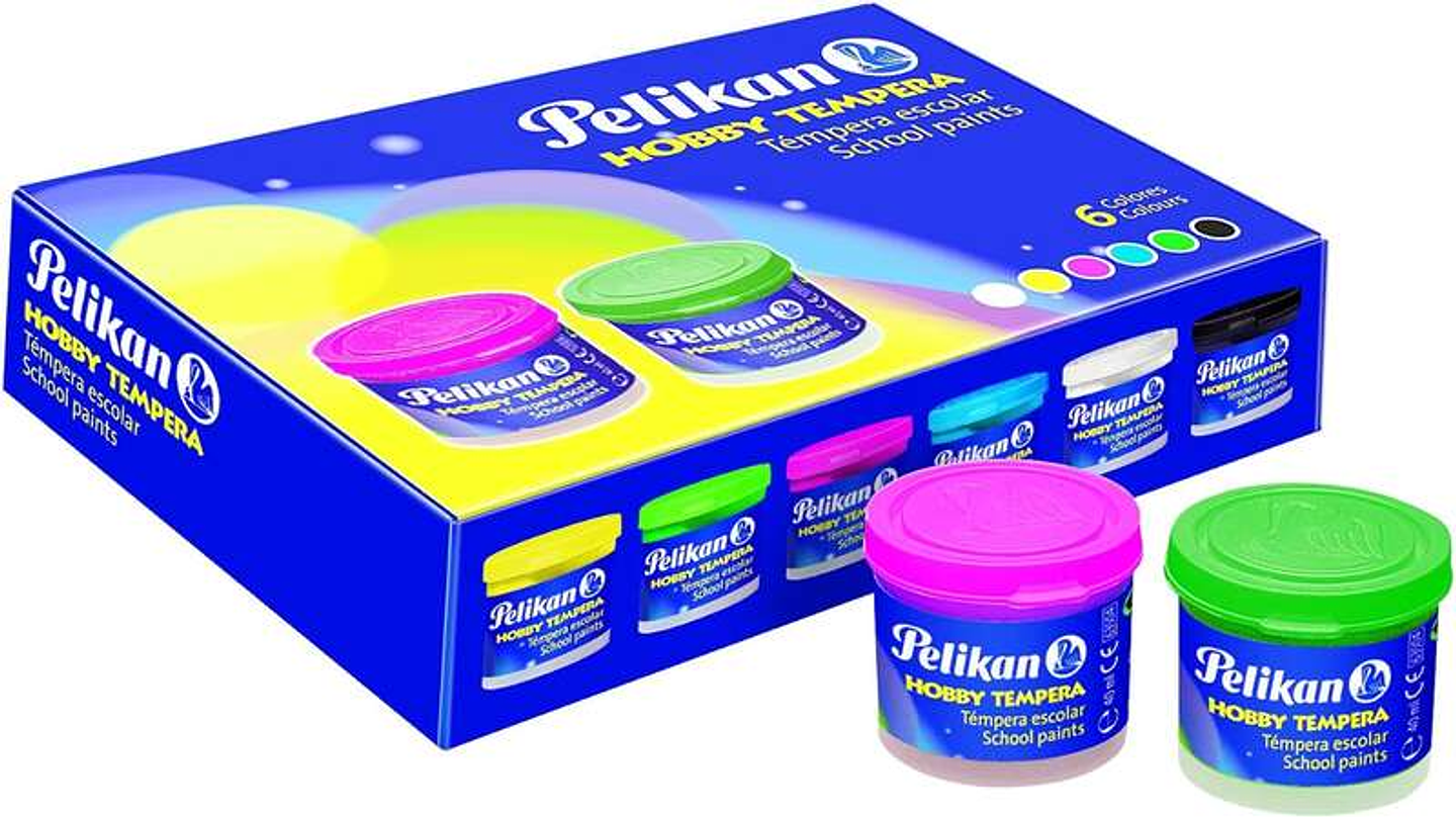 Pelikan Pack de 6 Botes de Tempera 40ml + Pincel - Consistencia Pastosa - Resistente a la Luz - Colores Surtidos 1