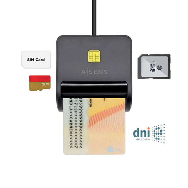Aisens Lector de Tarjeta Inteligente DNI con Lector de Tarjetas SIM - SD - Micro SD - MMC - RS-MMC - MMC Micro - Color Negro