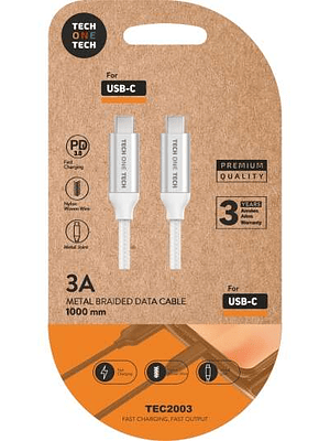 TechOneTech Cable USB-C PD 3.0 Macho a USB-C Macho 1m - Recubierto de Nylon Trenzado
