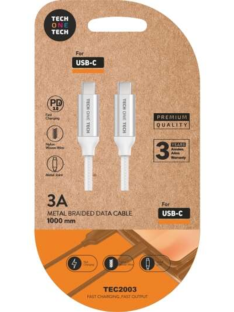 TechOneTech Cable USB-C PD 3.0 Macho a USB-C Macho 1m - Recubierto de Nylon Trenzado 1