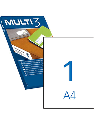 Multi3 Pack de 100 Etiquetas Blancas Cantos Rectos Tamaño 210.0X297.0mm con Adhesivo Permanente para Multiples Usos
