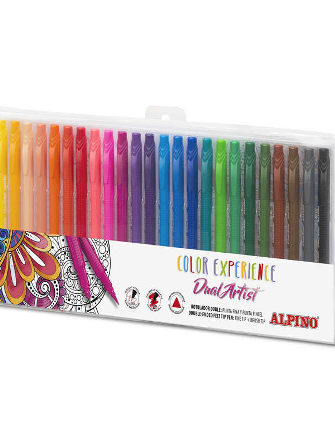 Alpino Color Experience Pack de 24 Rotuladores Doble Punta con Punta Pincel - Forma Triangular Ergonomica - Punta Fine Liner de 0.7mm y Punta Pincel d 1