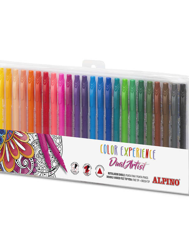 Alpino Color Experience Pack de 24 Rotuladores Doble Punta con Punta Pincel - Forma Triangular Ergonomica - Punta Fine Liner de 0.7mm y Punta Pincel d 1