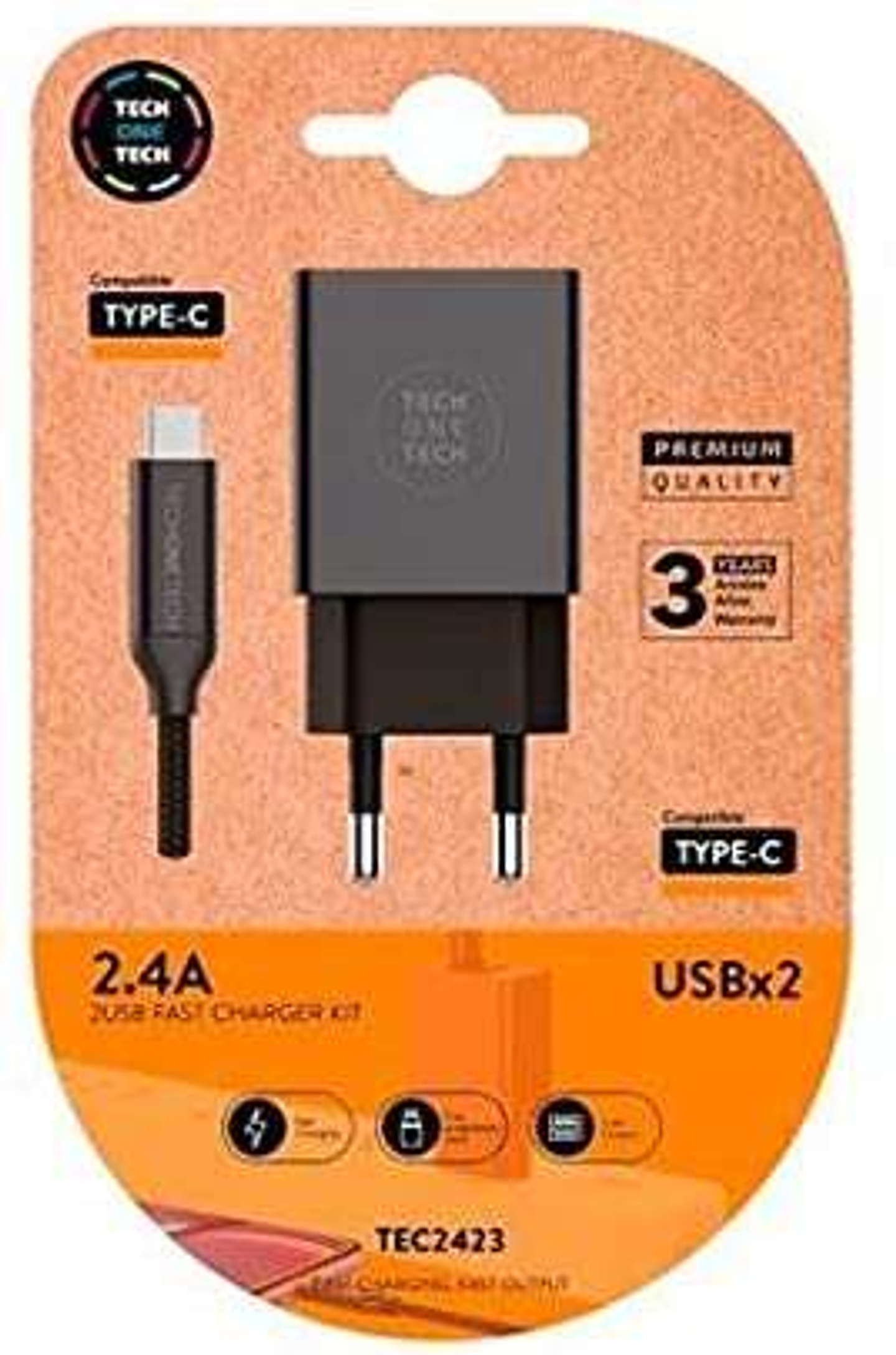 TechOneTech Cargador Doble de Pared + Cable USB-A a USB-C 1m - Recubierto de Nylon Trenzado 1