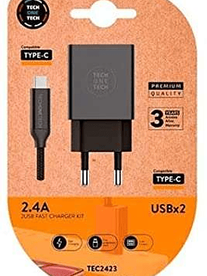 TechOneTech Cargador Doble de Pared + Cable USB-A a USB-C 1m - Recubierto de Nylon Trenzado