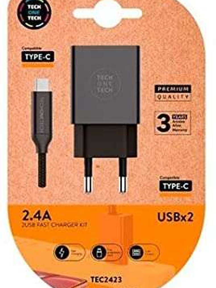 TechOneTech Cargador Doble de Pared + Cable USB-A a USB-C 1m - Recubierto de Nylon Trenzado 1