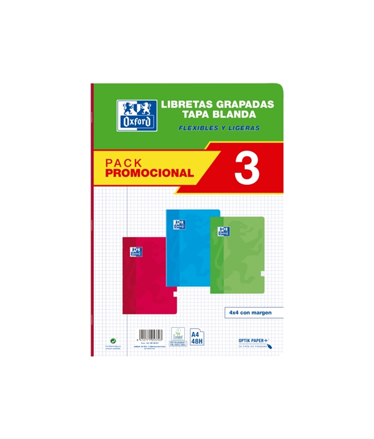 Oxford School Classic Pack 3 - Libreta Grapada A4 - Tapa Blanda - 4x4 con Margen - 48 Hojas - 3 Colores