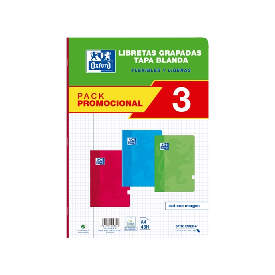 Oxford School Classic Pack 3 - Libreta Grapada A4 - Tapa Blanda - 4x4 con Margen - 48 Hojas - 3 Colores 1