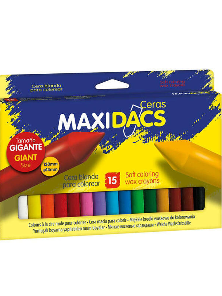 Alpino Maxidacs Pack de 15 Ceras Blandas para Niños - Tamaño Extra Grande 120mm x 14mm - Etiqueta Anti-Manchas - Ideal para Grandes Artistas - Colores 1