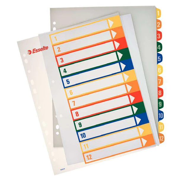 Esselte Indice para Proyectos Imprimible A4 Maxi Tipo 1-12 Multicolor - Multitaladro - Material PP Rigido 300 Micras, Portada 350 Micras