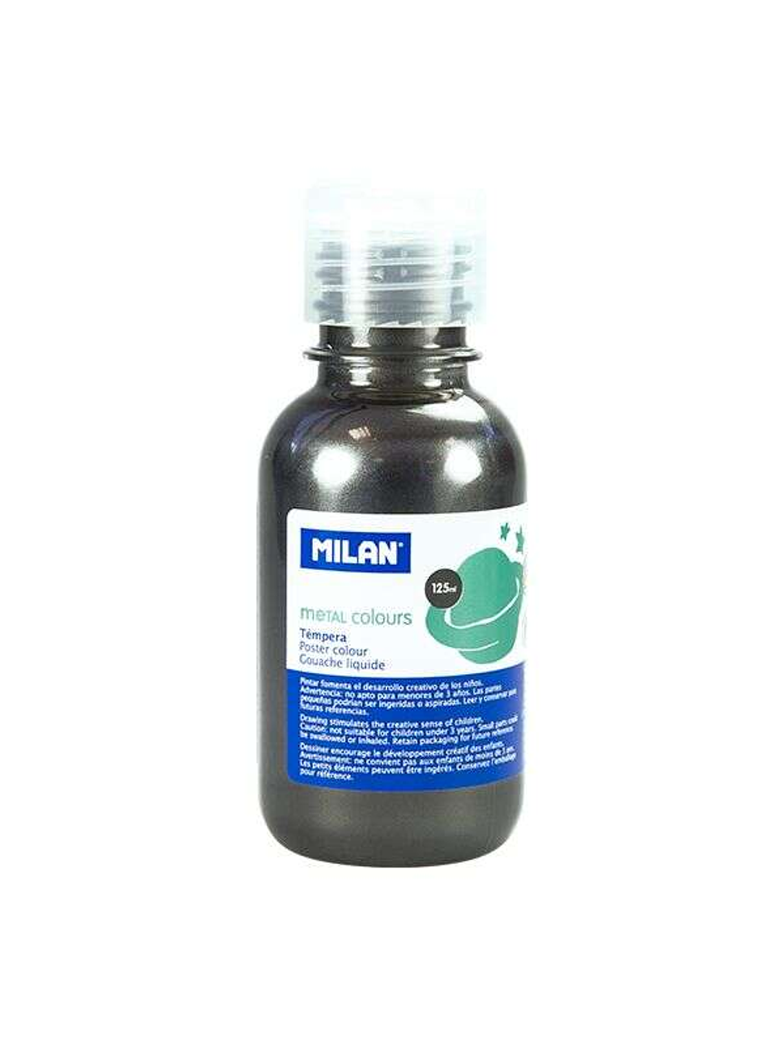 Milan Botella de Tempera 125ml - Tapon Dosificador - Secado Rapido - Mezclable - Color Gris Metalizado 1