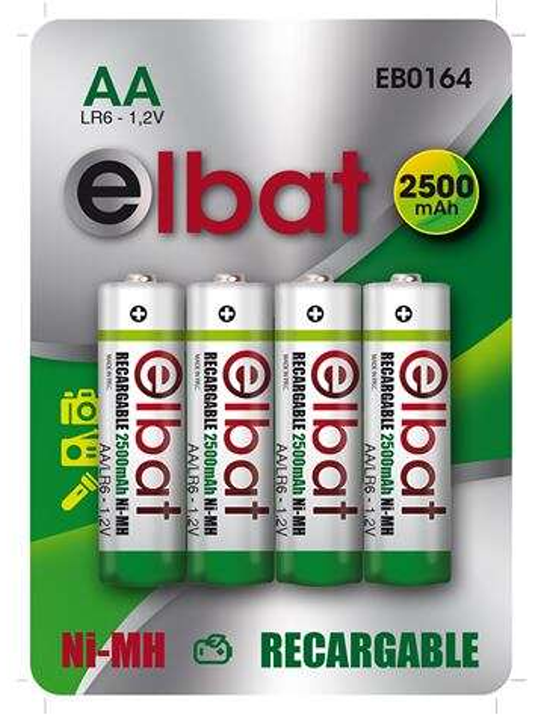 Elbat Pack de 4 Pilas Recargables LR6 AA 2500mAh 1
