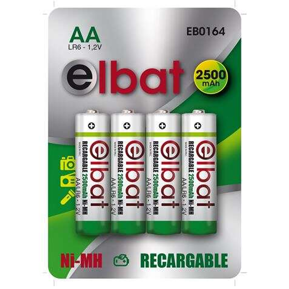 Elbat Pack de 4 Pilas Recargables LR6 AA 2500mAh 1