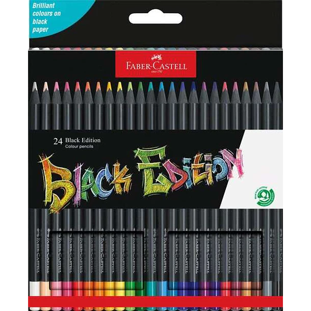 Faber-Castell Black Edition Pack de 24 Lapices de Colores - Mina Supersuave - Madera Negra - Ideales para Dibujo sobre Papel Claro, Oscuro y de Colore