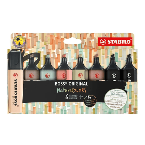 Stabilo Boss Naturecolors Pack de 8 Marcadores - Trazo entre 2 y 5mm - Tinta con Base de Agua - Colores Siena, Beige, Ocre Oscuro, Gris Calido, Verde 