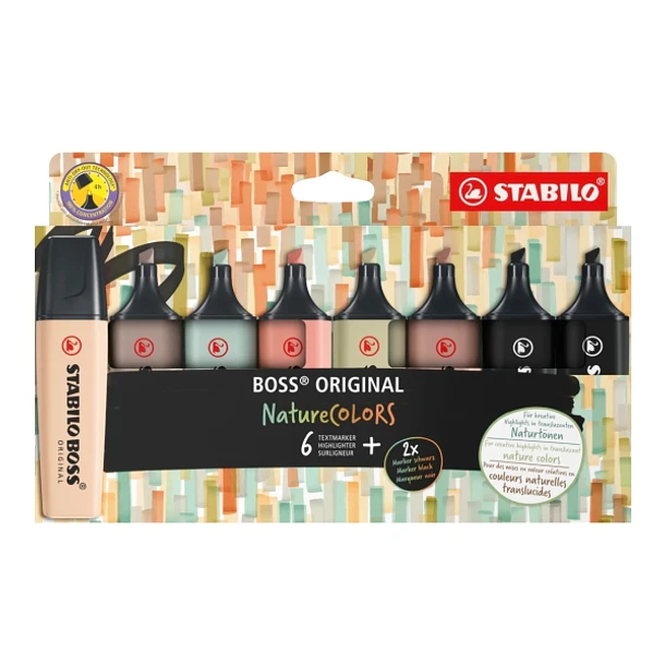 Stabilo Boss Naturecolors Pack de 8 Marcadores - Trazo entre 2 y 5mm - Tinta con Base de Agua - Colores Siena, Beige, Ocre Oscuro, Gris Calido, Verde 