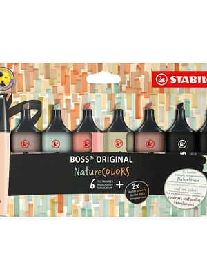 Stabilo Boss Naturecolors Pack de 8 Marcadores - Trazo entre 2 y 5mm - Tinta con Base de Agua - Colores Siena, Beige, Ocre Oscuro, Gris Calido, Verde 