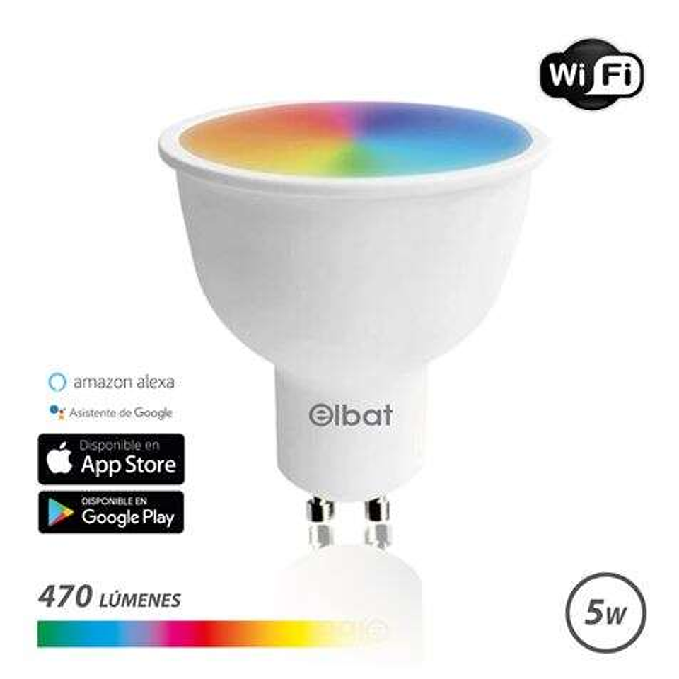 Elbat Bombilla LED Smart Wi-Fi GU10 5W 470lm RGB - Temperatura 2700K a los 6000K - Control de Voz - Control Remoto - 3 Modos de Color: Frio, Natural y 1