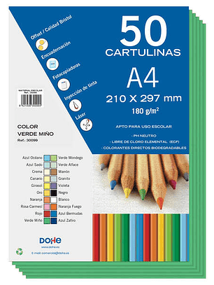 Dohe Pack de 50 Cartulinas A4 de 180g/m2 - PH Neutro - Libres de Cloro Elemental - Colorantes Biodegradables - Color Verde Miño