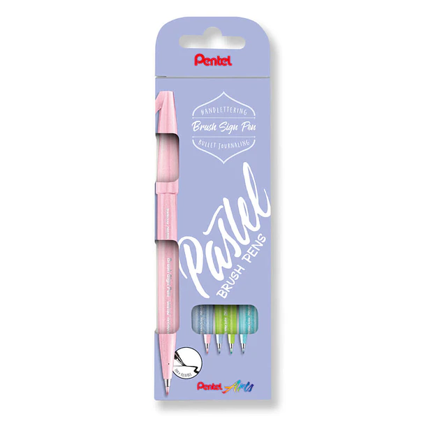 Pentel Brush Sing Pen Pastel Pack de 4 Rotuladores con Punta de Pincel - Lineas Finas o Gruesas dependiendo de la Presion - Fabricados con 81% de Plas